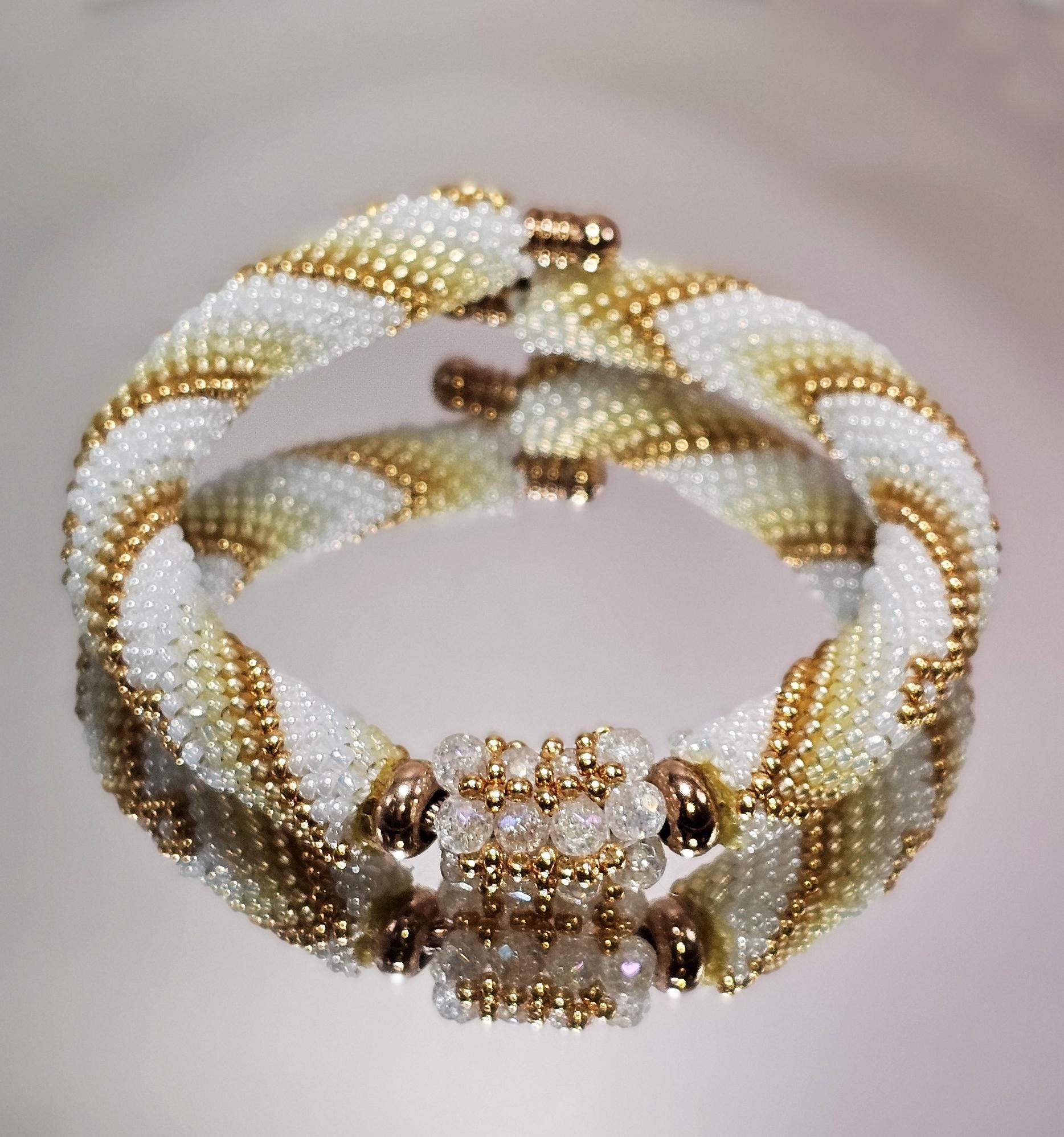 Handmade Gold & White Beadwork Cuff, Open Bangle, Unique Rigid Bracelet ...