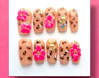 3D Pink Flower Press On Nails | Rhinestone | Medium Square | Leopard Print | Reusable