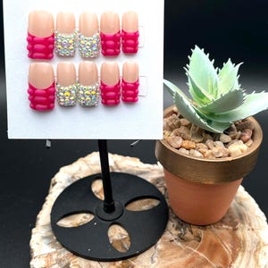 Hot Pink Croc Bling Press On Nails | Medium Square | French Tip | Reusable Set |