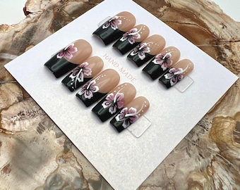 Ongles violets noirs tropicaux à pointe française, à presser, de grande qualité