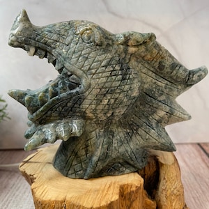 Large Moss Agate Dragon Head Carving 2.28lbs