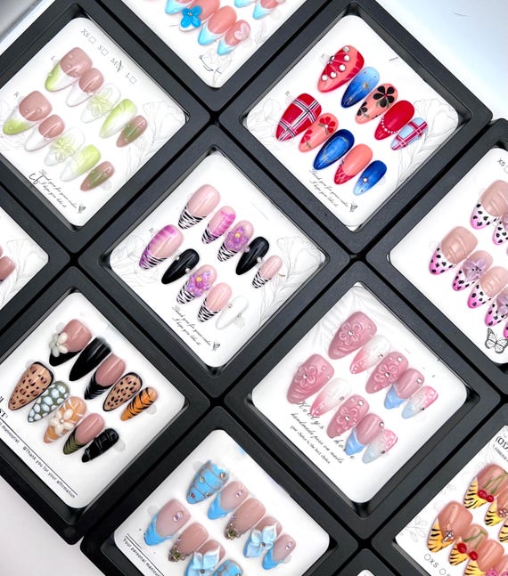 Almond Press-On Nails Mystery Box | 3 Hand-Painted Reusable Sets | 3D Flowers | Animal Print | French Tip