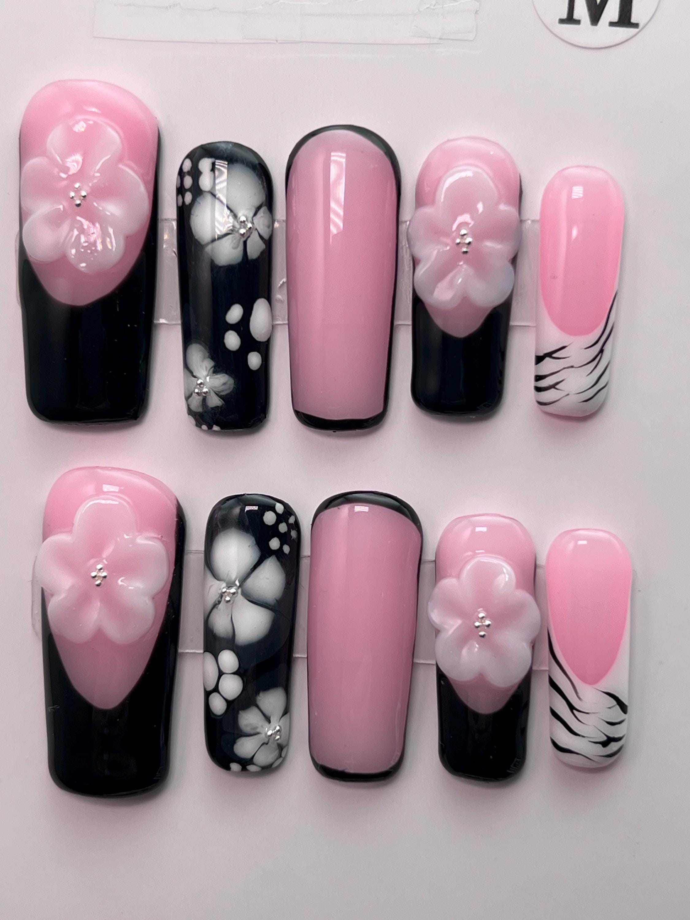 Long Square Black 3D Flower French Tip Nails, 3cm ,Press On ,Sz M, Good Quality Handmade