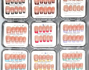 3 Sets Mystery Press-On Nail Box | Hand-Painted French Tip Cat-eye Base | Coffin Shape | Sizes XS–L