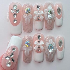 Long Square Bling French Tip Nails, 3cm Press On ,Sz M