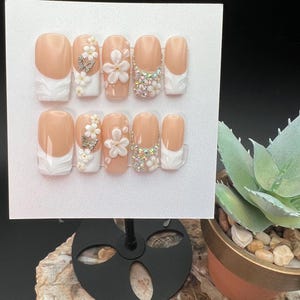 White French Tip Press On Nails | Square and Duck | Bling Bling | Long/Short | Homemade |