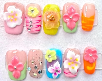 Flower Garden Square Nails, Press On, French Tip, Handmade