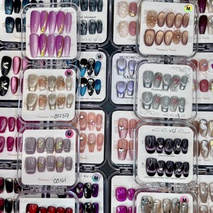 5 sets Cat-Eye Press-On Nails Mystery Box  | Handmade | Reusable | Glitter + Gems + Floral | French Tips