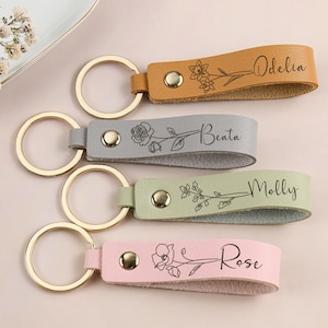 Personalisierter Geburtsblumen Schlüsselanhänger, Leder Schlüsselanhänger personalisiert, Name Schlüsselanhänger, Taschenanhänger, Geschenk für Frauen, Jahrestagsgeschenk, Brautjungfern Geschenke
