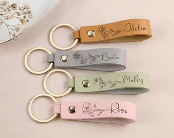 Custom Birth Flower Keyring,Leather Keychain Personalized,Name Key chain,Bag Tags,Gift for Women,Anniversary Gift,Bridesmaid Gifts
