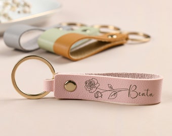 Leather Keychain Personalized,Custom Birth Flower Keyring,Name Key chain,Bag Tags,Gift for Women,Anniversary Gift,Bridesmaid Gifts