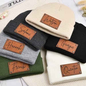 Newborn Baby Beanies,Leather Patch Beanies for Baby,Personalized Beanies for Babies,Infant Beanie with Name,Kid Knitted Hat,Baby Shower Gift