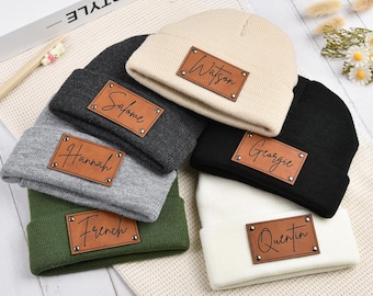 Newborn Baby Beanies,Leather Patch Beanies for Baby,Personalized Beanies for Babies,Infant Beanie with Name,Kid Knitted Hat,Baby Shower Gift