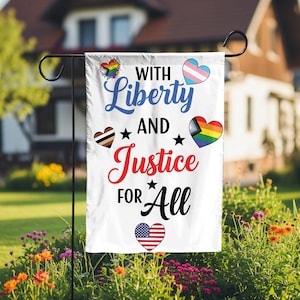 With Liberty and Justice for All Garden Flag – Inclusive Pride Yard Decor with Hearts – Equality Patriotic Outdoor Sign, American Pride Flag