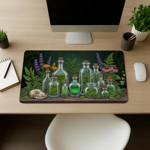 Witchy Apothecary Desk Mat, Herbal Potion Bottle Desk Pad, Dark Academia Aesthetic Mouse Pad, Cottagecore Office Decor Gift, Witchy Mat