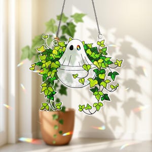 Ghost Sitting on Ivy Hologram Ornament | Ghost ACRYLIC Window Hanging | Plant Lover Gift, Ivy Plants Decor, Cozy Cat Decor, Halloween Decor