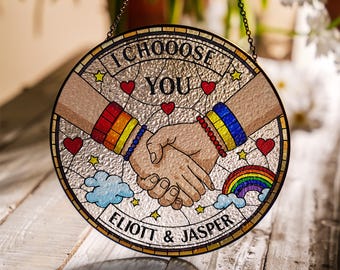 Attrape-soleil en verre personnalisé pour couple LGBT, cadeau Je vous choisis, décoration portable fierté, décoration arc-en-ciel personnalisée, décoration fierté, cadeau de couple