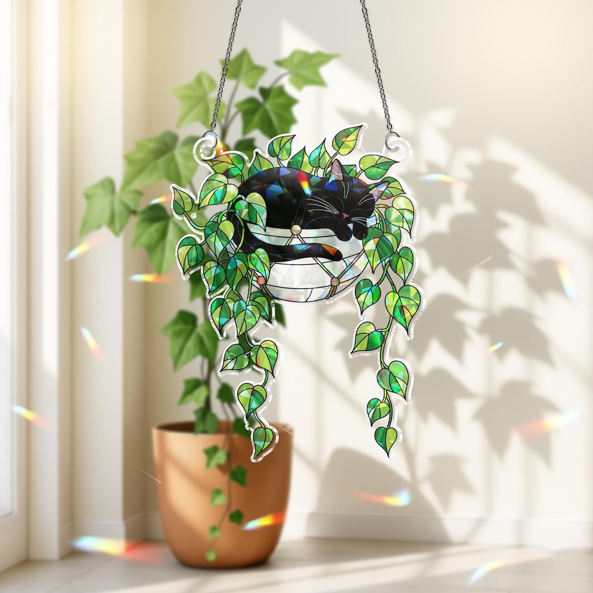 Hologram Cat Ornament: Black Cat Sleeping on Philodendron, Acrylic Window Hanging