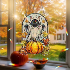 Halloween Black Cat Ghost Hologram Window Decor – Black Cat Window Hanging with Pumpkin, Fall Leaves, Spooky Cute Cat Decor, Cat Home Decor