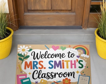 Personalized Classroom Welcome Mat, Colorful Teacher Doormat with Name, Hearts, Rainbow Design, Cute School Entry Decor Gift, Back To School