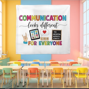 Bannière Communication semble différente, décoration de salle de classe inclusive, affiche en langue des signes de la CAA, tapisserie murale pour éducation spécialisée, tapisserie pour autisme