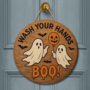 Wash Your Hands Boo Sign, Funny Halloween Bathroom Wood Decor, Ghost Hand Washing Sign, Spooky Wall Hanging, Halloween Door Plaque