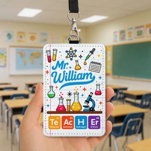 Porta credencial de profesor de ciencias personalizado: cordón de química de cuero grabado