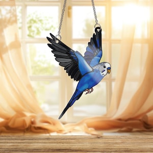 Blue Budgie Acrylic Window Hanging: Flying Parakeet Bird Decor