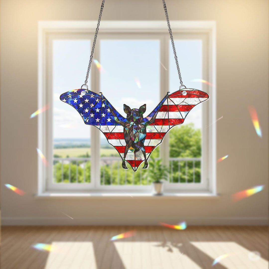 American Flag Bat Window Hanging, Patriotic Suncatcher, Holographic ...