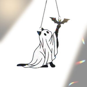 Holographic Ghost Cat ACrylic Suncatcher, Halloween Cat Window Decor, Cute Spooky Kitten Ornament, Bat and Cat Hanging Decoration