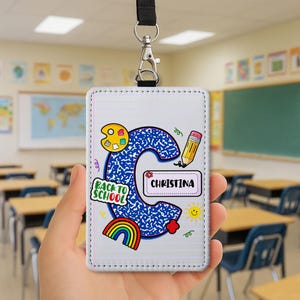 Personalized Teacher Lanyard ID Badge Holder | Back to School Name Tag with Alphabet Letter & Doodles | Cute Classroom Accessory
