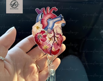 Floral Anatomical Heart Acrylic Badge Reel, Heart Doctor Gift, Heart Surgeon Gift, Cardiologist Gift Idea, Medical Gift, Cardiac Nurse Gift
