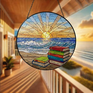 Book Stack And Beach GLASS Suncatcher, Beach Decor, Sunrise Book Lover Gift, Coastal Window Hanging, Reading Sun Catcher Art,Book Lover Gift