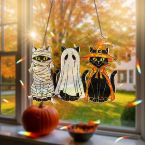Halloween Trio Black Cats Hologram Ornament – Mummy, Ghost, Witch Black Cats ACRYLIC Window Hanging, Cute Spooky Fall Decor Gift, Cat Lovers