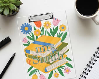 Personalized Teacher Clipboard, Floral and Book Design with Custom Name, Cute Back to School Gift for Educators, Librarians & Staff, Teacher