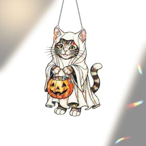 Ghost Cat Halloween Hologram Ornament – Cute Tabby Kitten with Pumpkin Candy Bucket, Fall Window Hanging Decoration, Cat Lover Gift