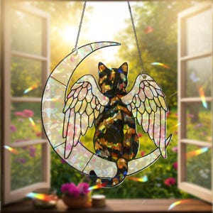 Angel Tortoiseshell Cat on Moon: Hologram Window Hanging