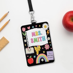 Personalisierter Lehrer Ausweishalter, süßes Namensschild für Lehrer, Benutzerdefinierte Schlüsselband ID-Karte, Regenbogen Klassenzimmer Accessoire, Geschenk für Erzieher