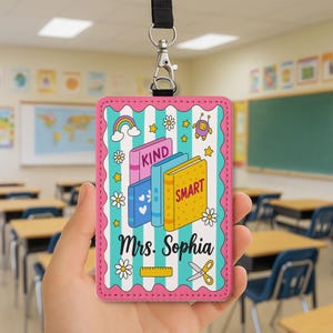 Personalized Teacher ID Badge Holder – Cute Book Theme Lanyard Card Holder, Back to School Classroom Accessory for Teachers, Educators
