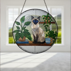 Attrape-soleil en verre chat siamois, oeuvre d&#39;art pour fenêtre, cadeau pour amoureux des chats, décoration d&#39;étagère végétale, panneau de verre fait main, décoration d&#39;intérieur chat, maman chat siamois