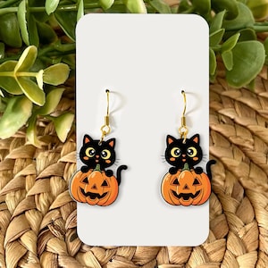 Brincos de abóbora em formato de gato preto: joias penduradas para Halloween, presente para quem ama gatos