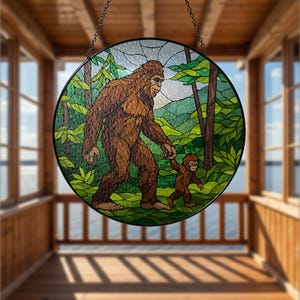 Bigfoot Dad with Baby Glass Suncatcher, Father&#39;s Day Gift, Bigfoot Ornament, Dad Gift, Unique Father&#39;s Day Decor, Glass Suncatcher,Funny Dad