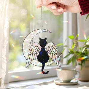 Holographic Black Cat Angel Window Hanging: Pet Memorial Decor