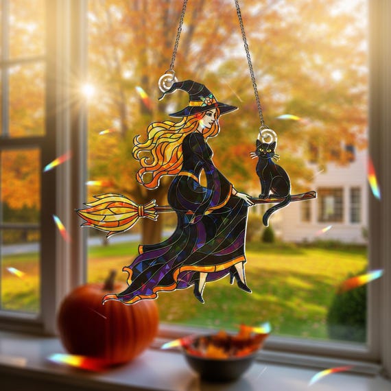 ホログラフィック魔女のオーナメント：黒猫のハロウィン窓飾り - Etsy