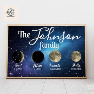Benutzerdefinierte Mondphase Familie Ungerahmt Poster, personalisierte Sternenkarte Druck, Familiengeschenk mit Geburtsdaten, himmlische Wandkunst, Familienmitglied Mondphase