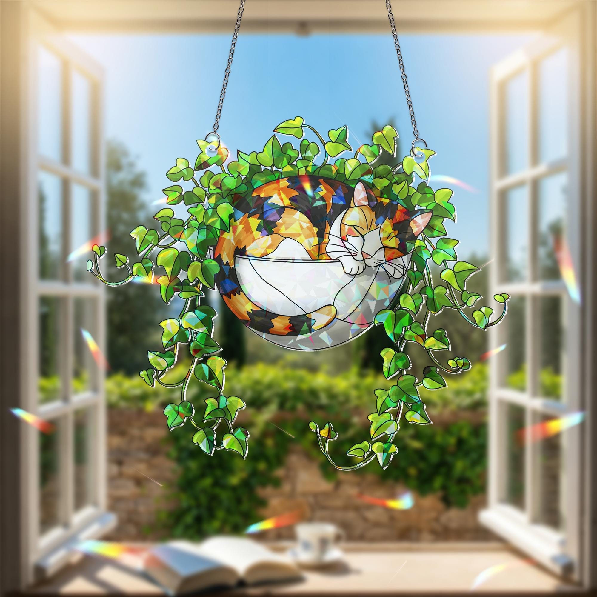 Calico Cat & Ivy Hologram Ornament: Acrylic Window Hanging