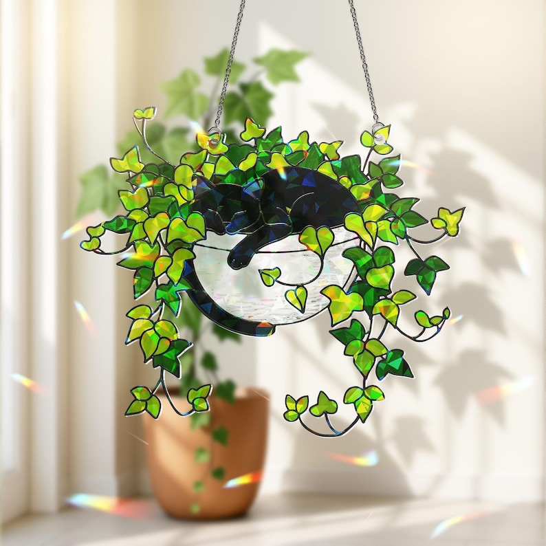 Black Cat Sleeping on Ivy Hologram Ornament | Cat ACRYLIC Window Hanging | Plant Lover Gift | Ivy Plants Decor, Cozy Cat Decor, Gift For Mom