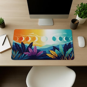 Moon Phase Desk Mat – Boho Cosmic Mouse Pad, Colorful Nature Office Decor, Celestial Sun and Moon Large Desk Pad for Home Workspace