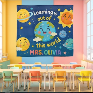 Out of This World Classroom Banner – Personalized Outer Space Teacher Wall Decor, Planet Theme Back to School Sign, Teacher, Educators Gift