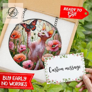 Chat sphynx parmi les fleurs de pavot en verre, cadeau pour maman, maman chat, cadeau pour amoureux du sphynx, déco maman sphynx, fête des mères 2025